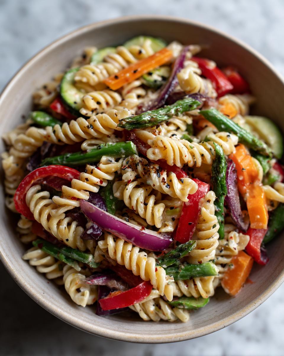 Perfect Pasta Salad That Keeps Well: 4 Day Yum 8 Close-up of a pasta salad that keeps well with rotini, vegetables, and dressing.