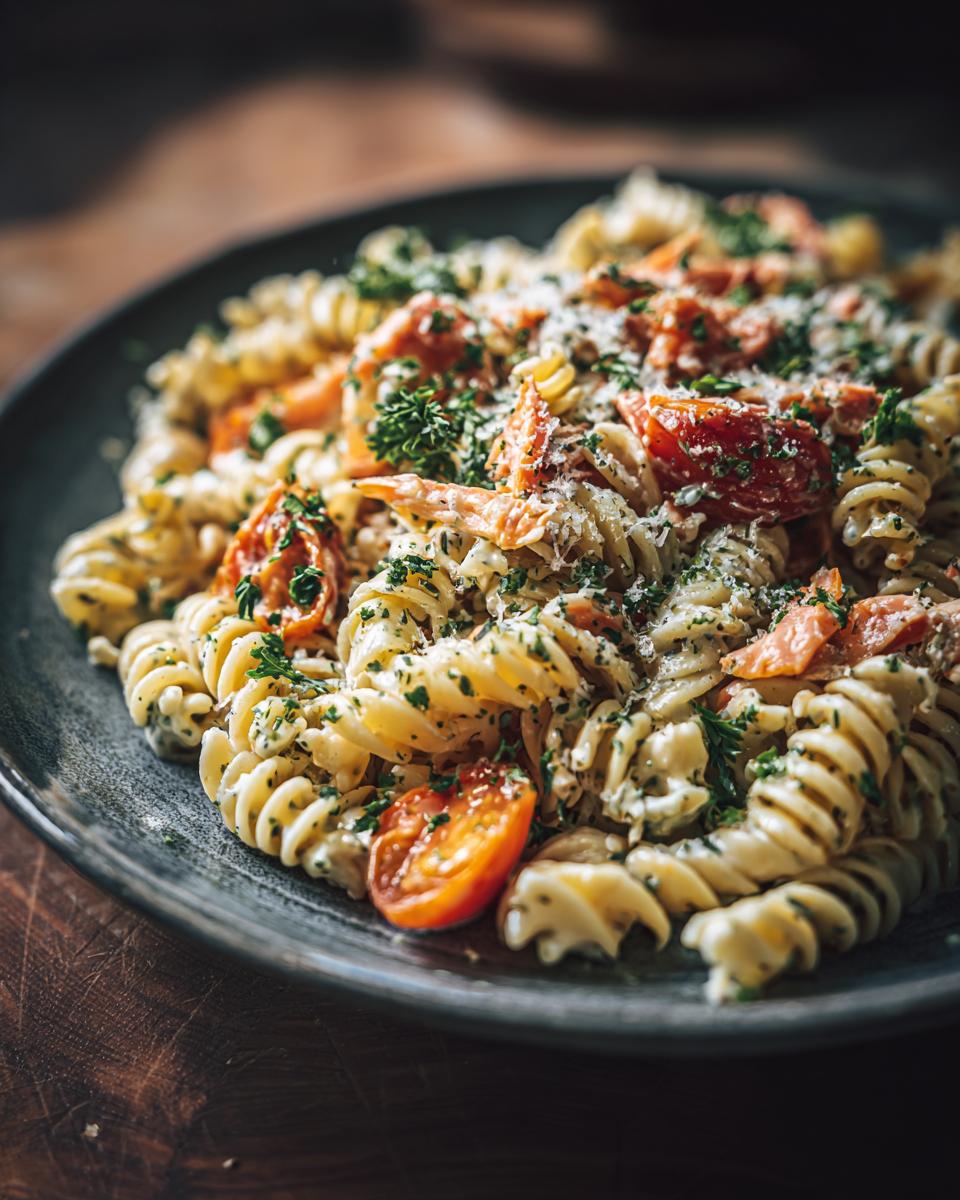 Close-up of pasta salad with tomatoes, herbs, and cheese. Learn how do you make pasta salad.