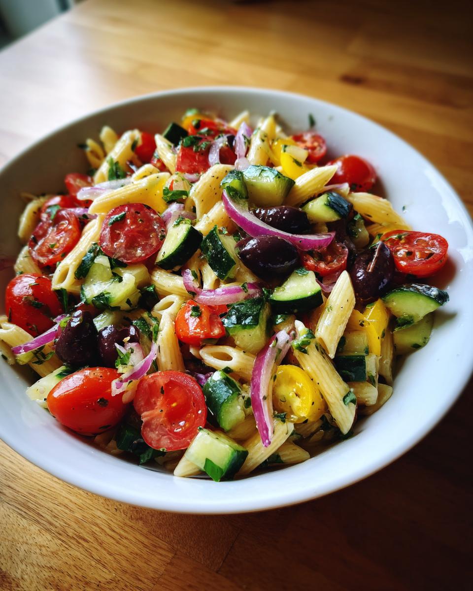 Delicious pasta salad with penne pasta, tomatoes, cucumbers, olives, and red onion. Learn how do you make pasta salad.