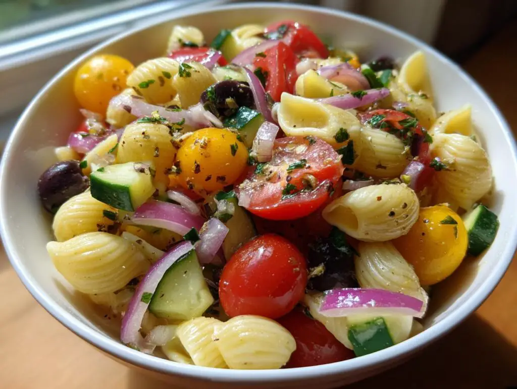 Pasta salad with shell pasta, tomatoes, cucumbers, olives and red onion. How do you make pasta salad?