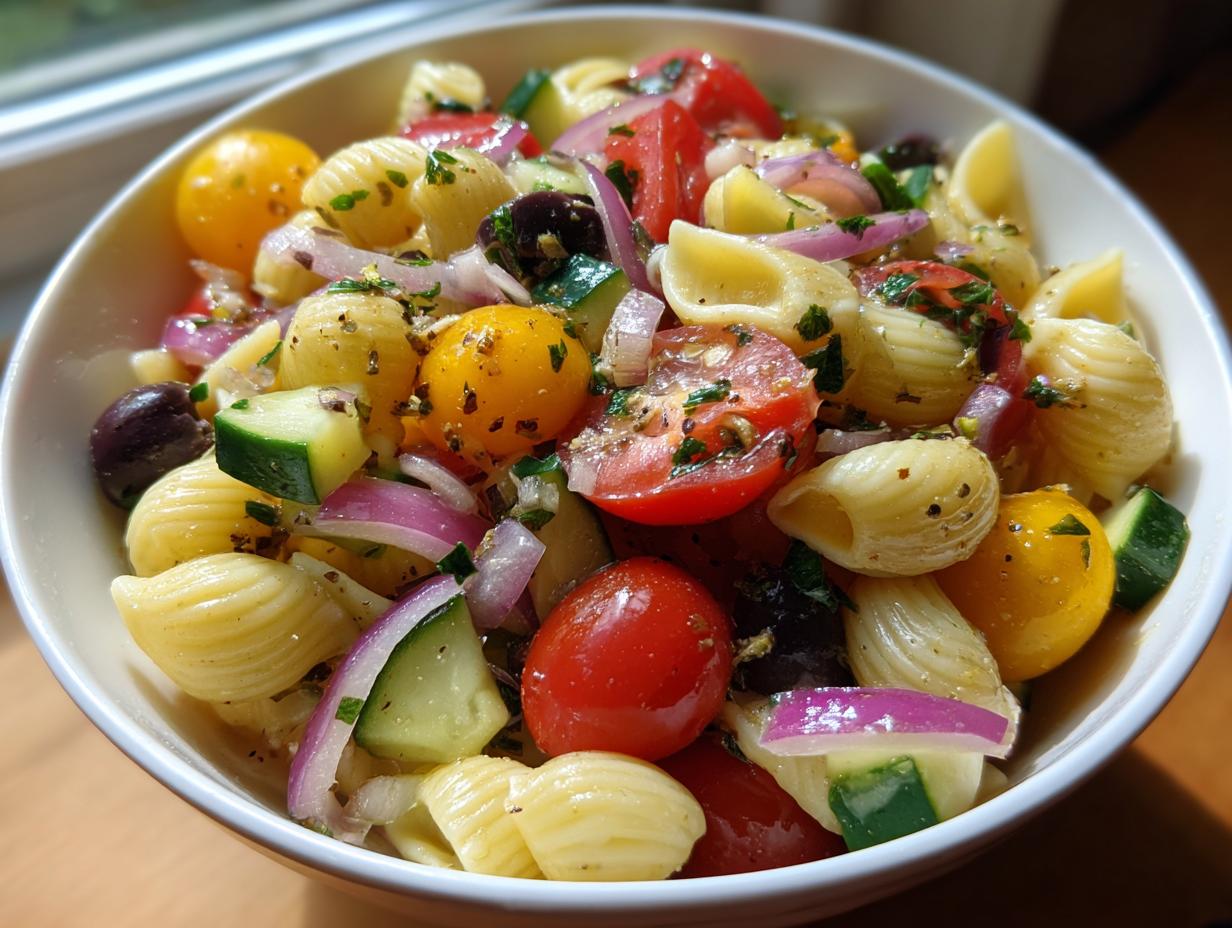 Pasta salad with shell pasta, tomatoes, cucumbers, olives and red onion. How do you make pasta salad?