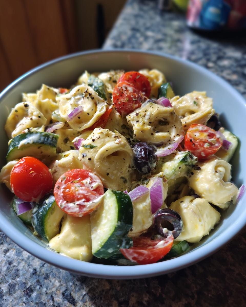 Close-up of a bowl of pasta salad tortellini with tomatoes, cucumbers, and olives. The pasta salad tortellini is creamy.