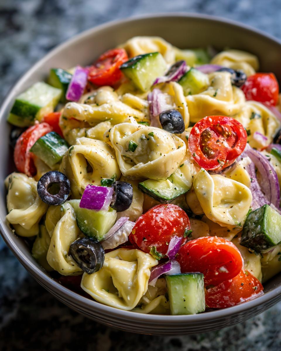 Close-up of a bowl of pasta salad tortellini with tomatoes, cucumbers, olives, and red onion.