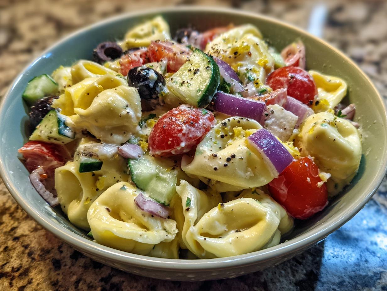 Close-up of a bowl of pasta salad tortellini with tomatoes, cucumbers, olives, and red onion.