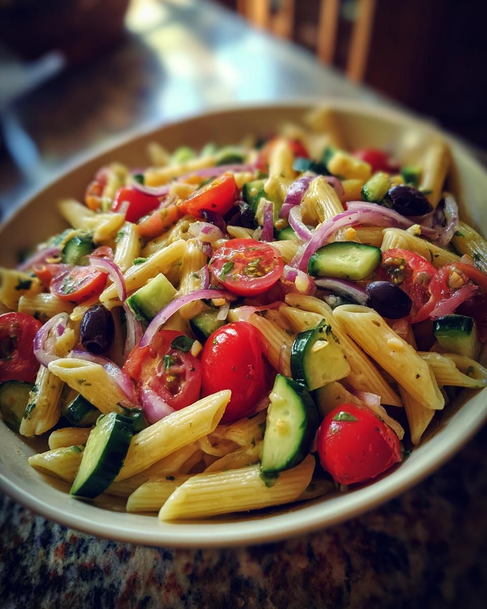 Close-up of a bowl of pasta salad with tomatoes, cucumbers, and onions. Learn how do you make pasta salad.