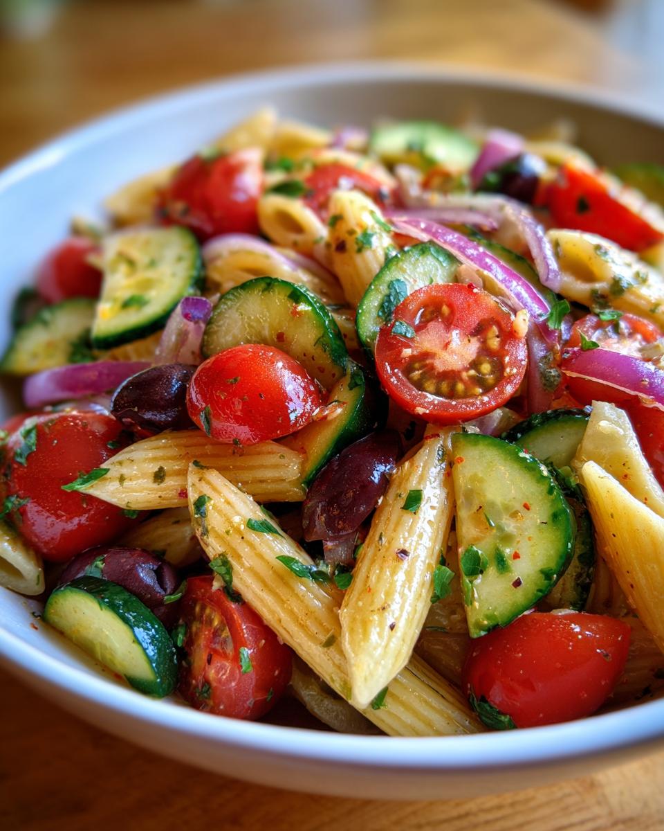 Close-up of a vibrant pasta salad with tomatoes, cucumbers, olives, and red onion. Learn how do you make pasta salad.