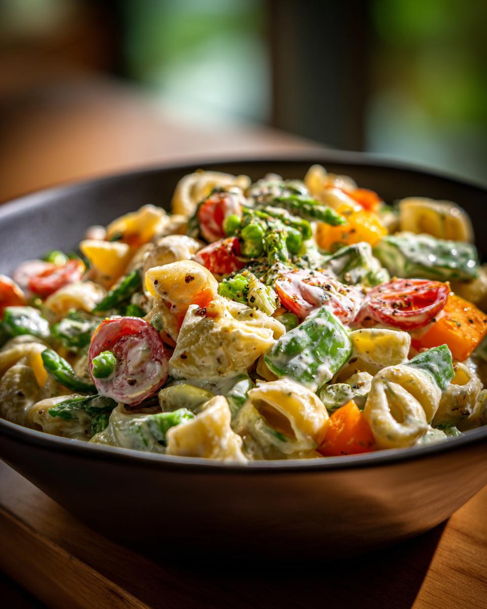 Perfect Pasta Salad: 5 Simple Steps 9 Close-up of a bowl of pasta salad with tomatoes, peas, asparagus, and a creamy dressing. Learn how do you make pasta salad.
