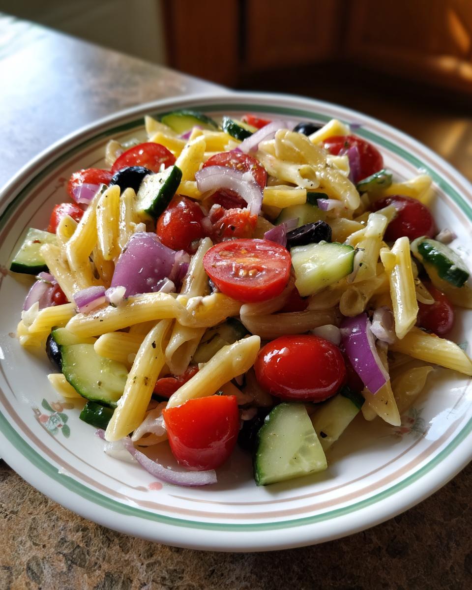 Pasta salad with penne pasta, tomatoes, cucumbers, onions, and olives. Learn how do you make pasta salad.