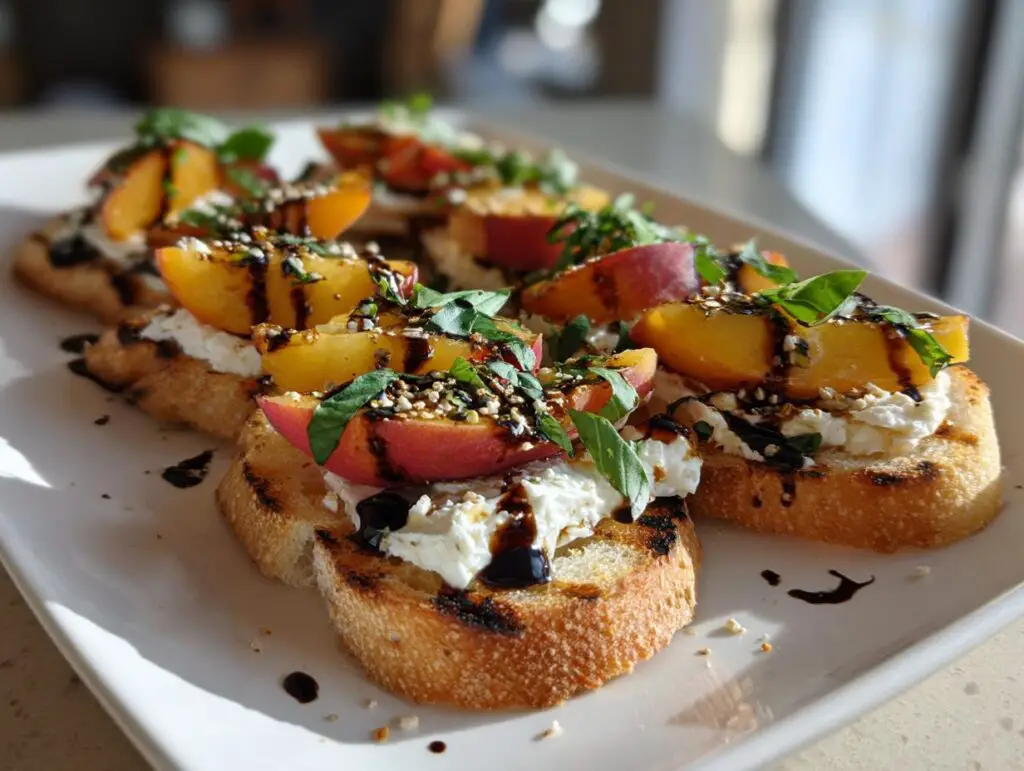 Close-up of Peach Burrata Bruschetta on toasted bread, topped with peaches, basil, and balsamic glaze.