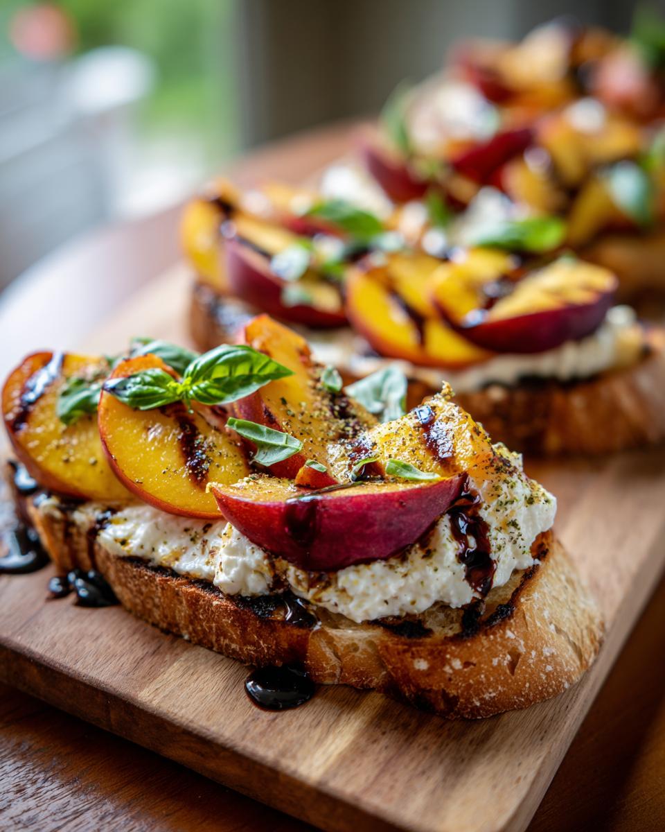 Close-up of Peach Burrata Bruschetta with grilled peaches, burrata, basil, and balsamic glaze.