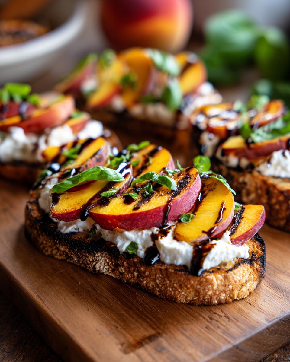 Close-up of Peach Burrata Bruschetta with grilled peaches, burrata, basil, and balsamic glaze.