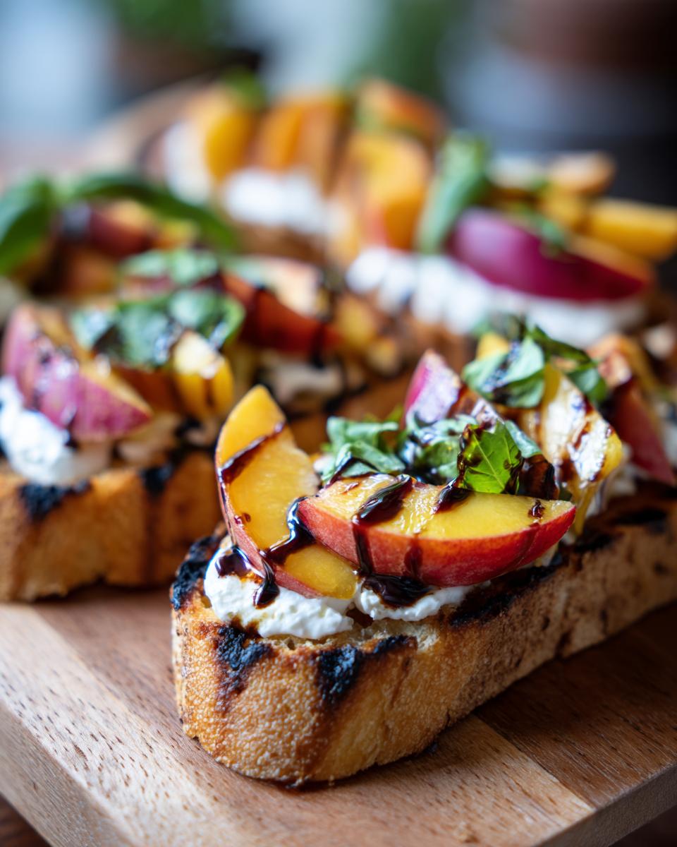 Close-up of Peach Burrata Bruschetta with grilled bread, peaches, burrata, basil, and balsamic glaze.