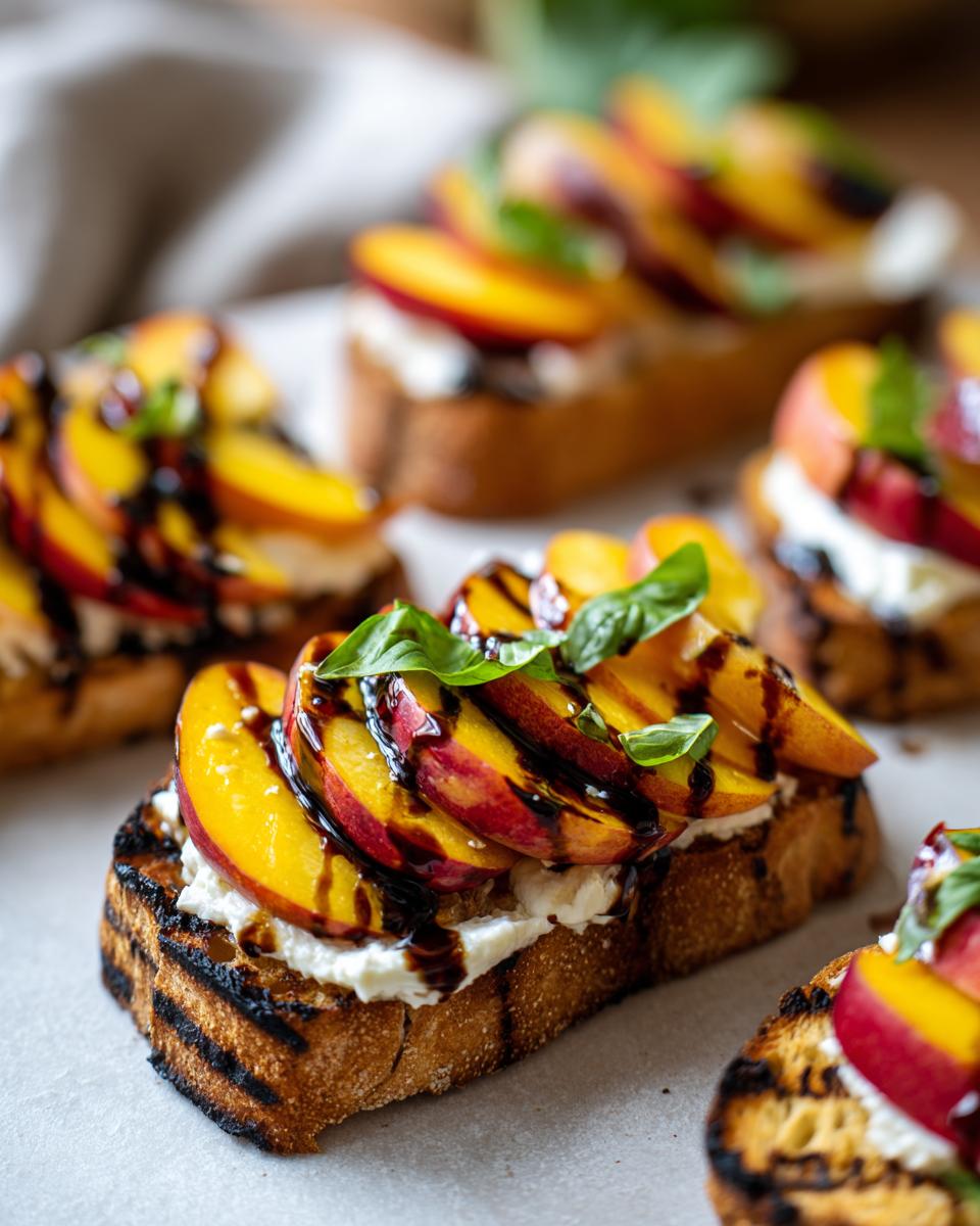 Close-up of Peach Burrata Bruschetta with grilled bread, peaches, burrata, basil, and balsamic glaze.