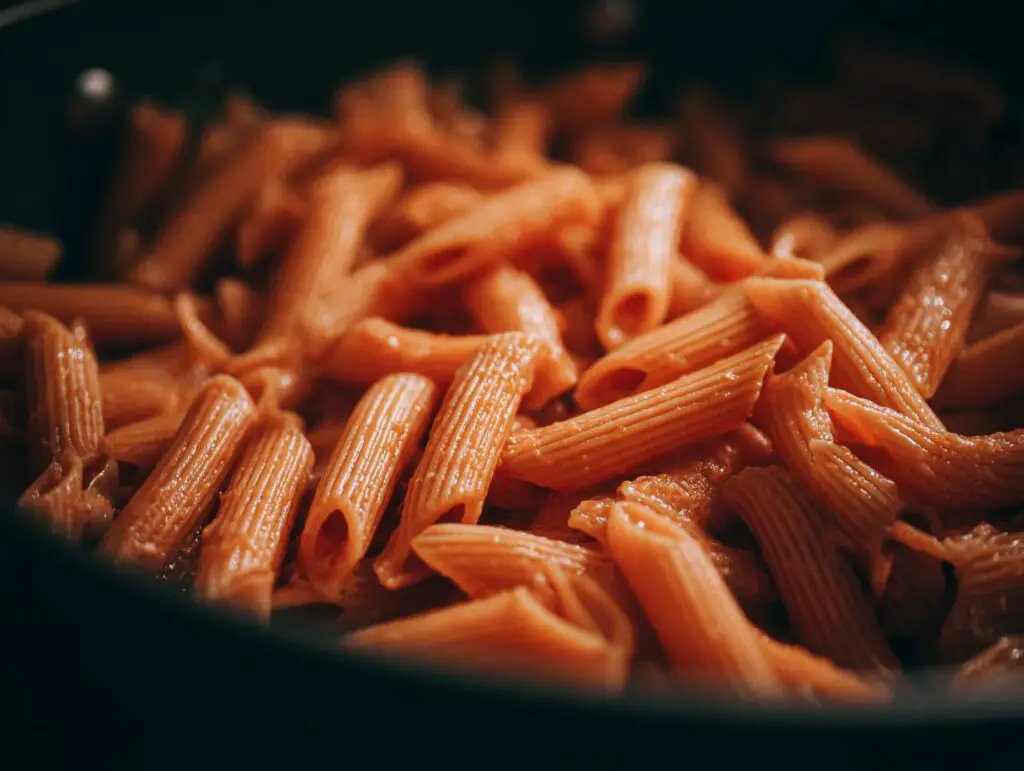Close-up of cooked penne pasta, ready for making pasta salad. Learn how do you make pasta salad.