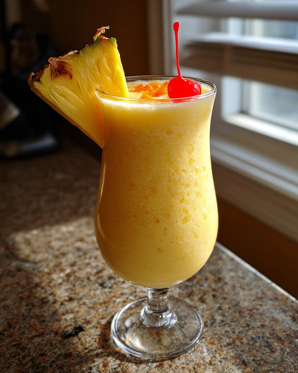 A perfect Piña Colada, garnished with pineapple and a cherry, in a tall glass.