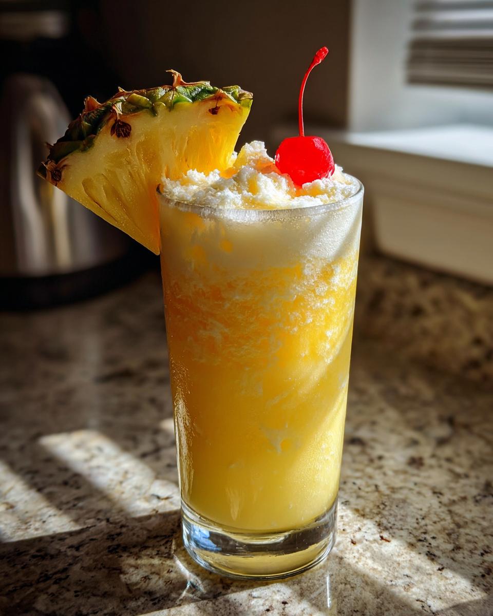 A perfect Piña Colada cocktail in a tall glass, garnished with pineapple and a cherry.