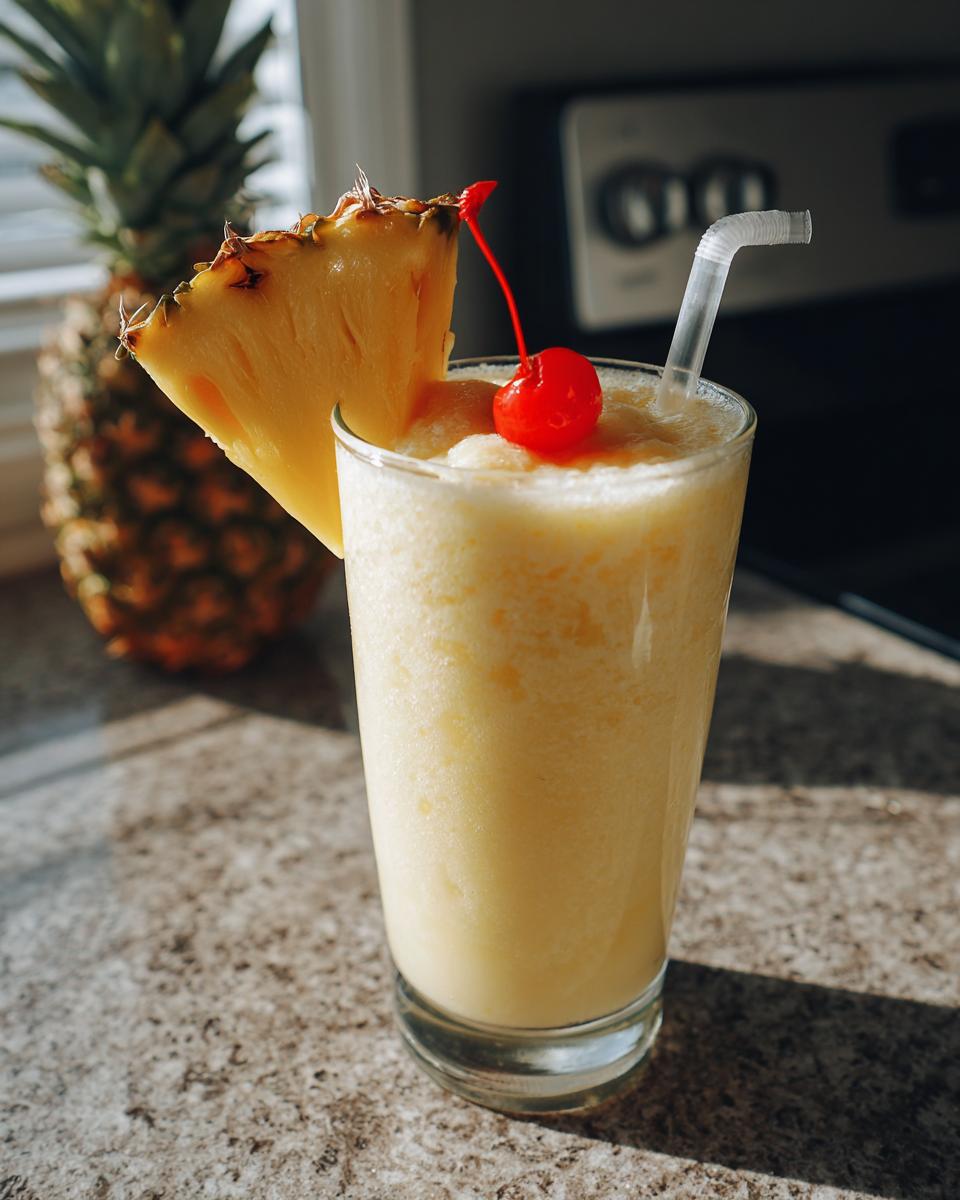 A tall glass of a Perfect Piña Colada cocktail garnished with pineapple and a cherry.