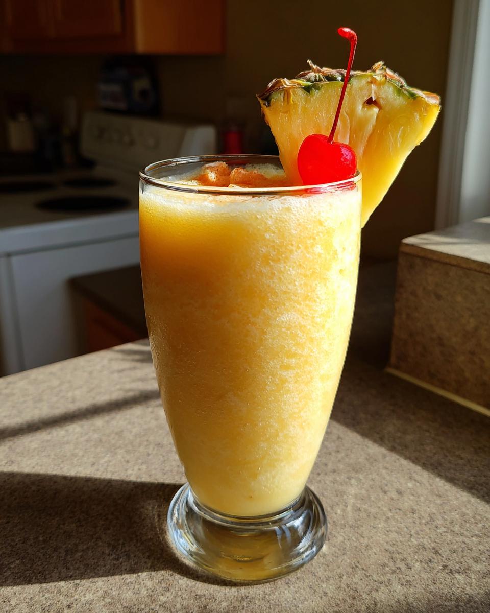 A Perfect Piña Colada cocktail in a glass, garnished with pineapple and a cherry.