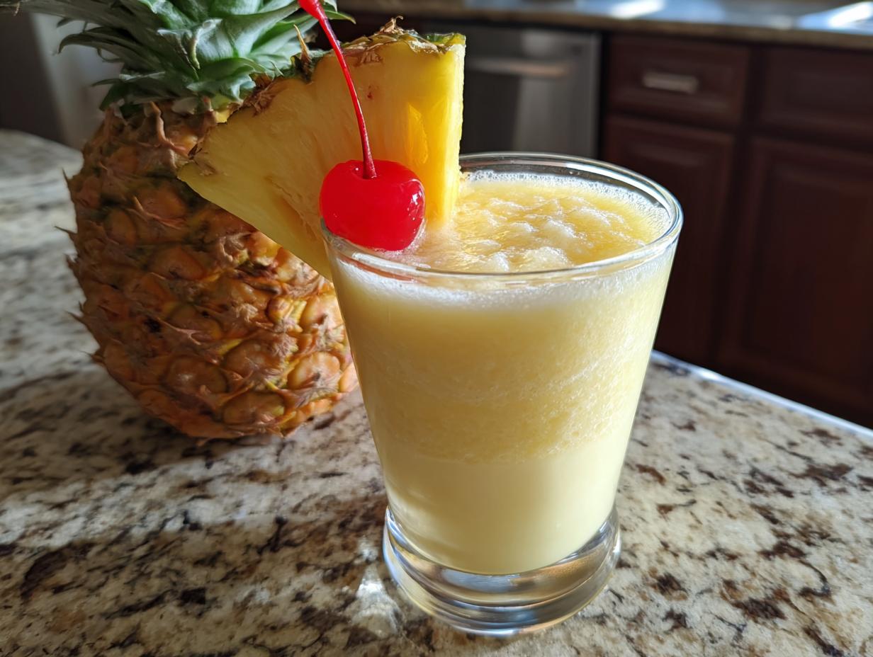 A Perfect Piña Colada cocktail in a glass, garnished with pineapple and a cherry.