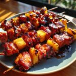 15-Minute Pineapple BBQ Pork Skewers: Delicious Dream 11 Close-up of delicious Pineapple BBQ Pork Skewers on a plate, ready to eat.
