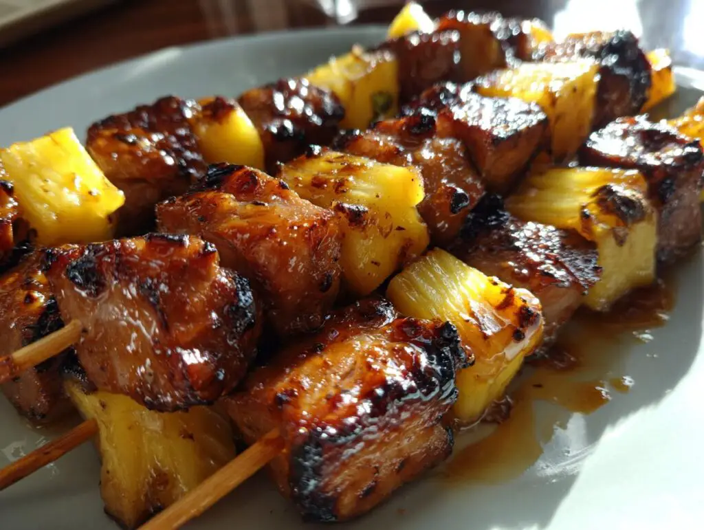 Close-up of delicious Pineapple BBQ Pork Skewers on a plate, grilled to perfection.