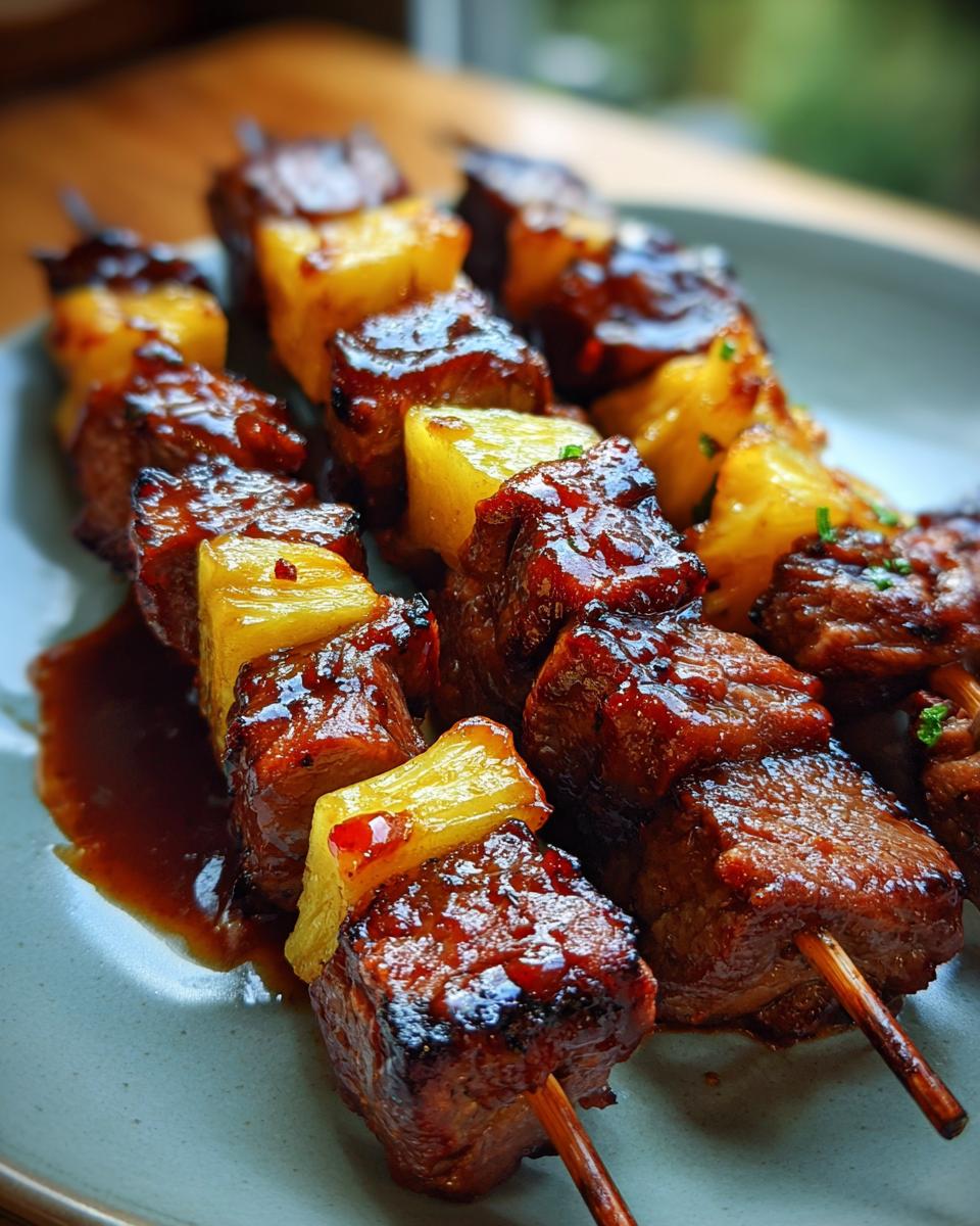 15-Minute Pineapple BBQ Pork Skewers: Delicious Dream 7 Close-up of delicious Pineapple BBQ Pork Skewers on a plate, ready to eat.
