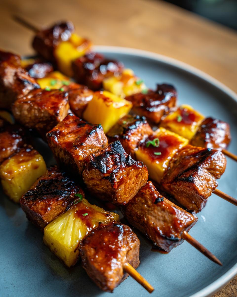 15-Minute Pineapple BBQ Pork Skewers: Delicious Dream 10 Close-up of delicious Pineapple BBQ Pork Skewers on a plate, grilled to perfection.