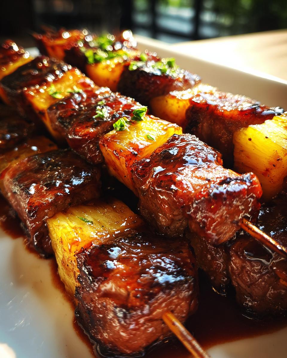 15-Minute Pineapple BBQ Pork Skewers: Delicious Dream 9 Close-up of delicious Pineapple BBQ Pork Skewers, grilled to perfection, with pineapple chunks.