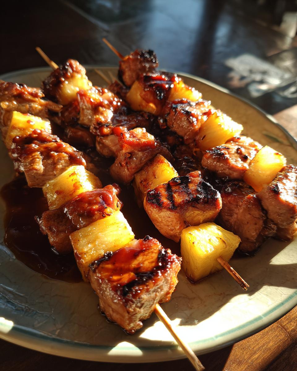 15-Minute Pineapple BBQ Pork Skewers: Delicious Dream 8 Close-up of grilled Pineapple BBQ Pork Skewers on a plate, showcasing juicy pork and pineapple.