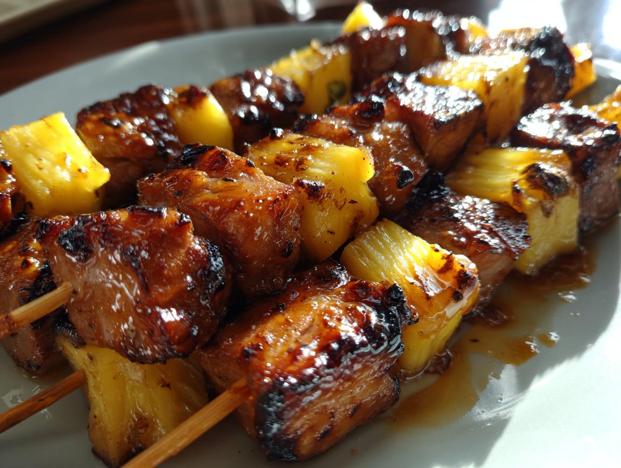 15-Minute Pineapple BBQ Pork Skewers: Delicious Dream 6 Close-up of delicious Pineapple BBQ Pork Skewers on a plate, grilled to perfection.