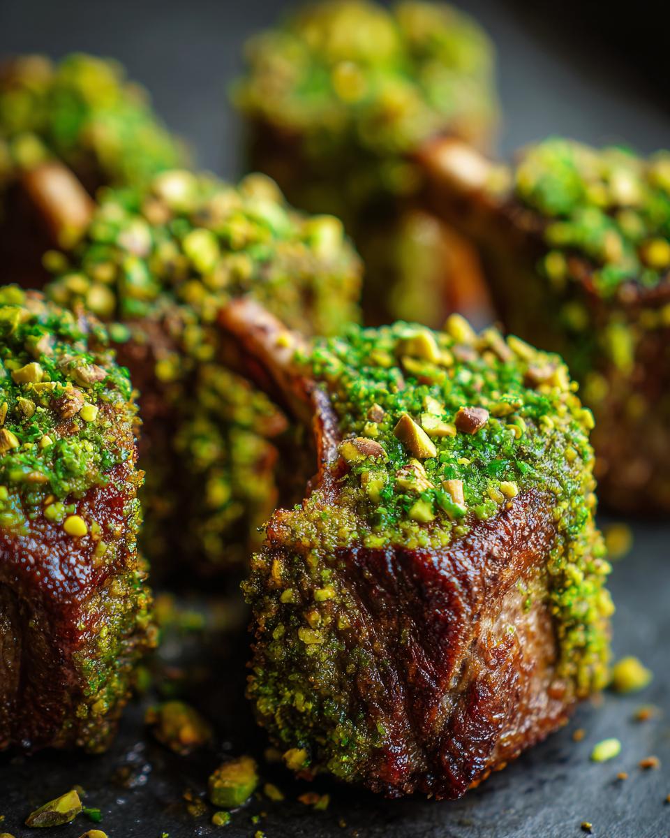 Close-up of perfectly cooked Pistachio Crusted Lamb Chops, showing the pistachio crust and juicy meat.