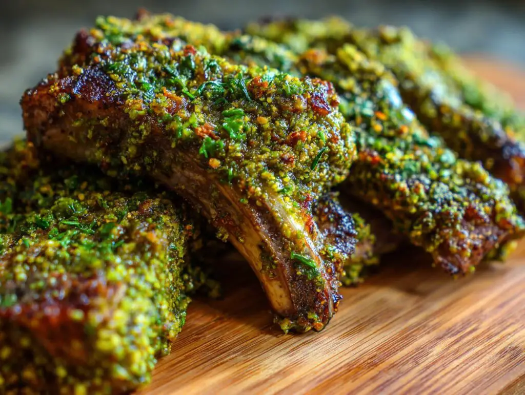 Close-up of perfectly cooked Pistachio Crusted Lamb Chops, showing the delicious crust and tender meat.