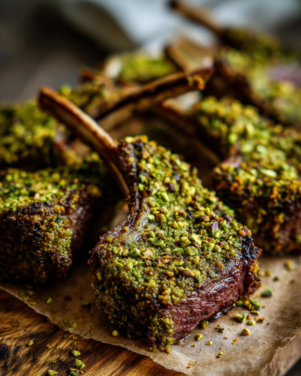 Close-up of perfectly cooked Pistachio Crusted Lamb Chops, showcasing the pistachio crust and juicy meat.