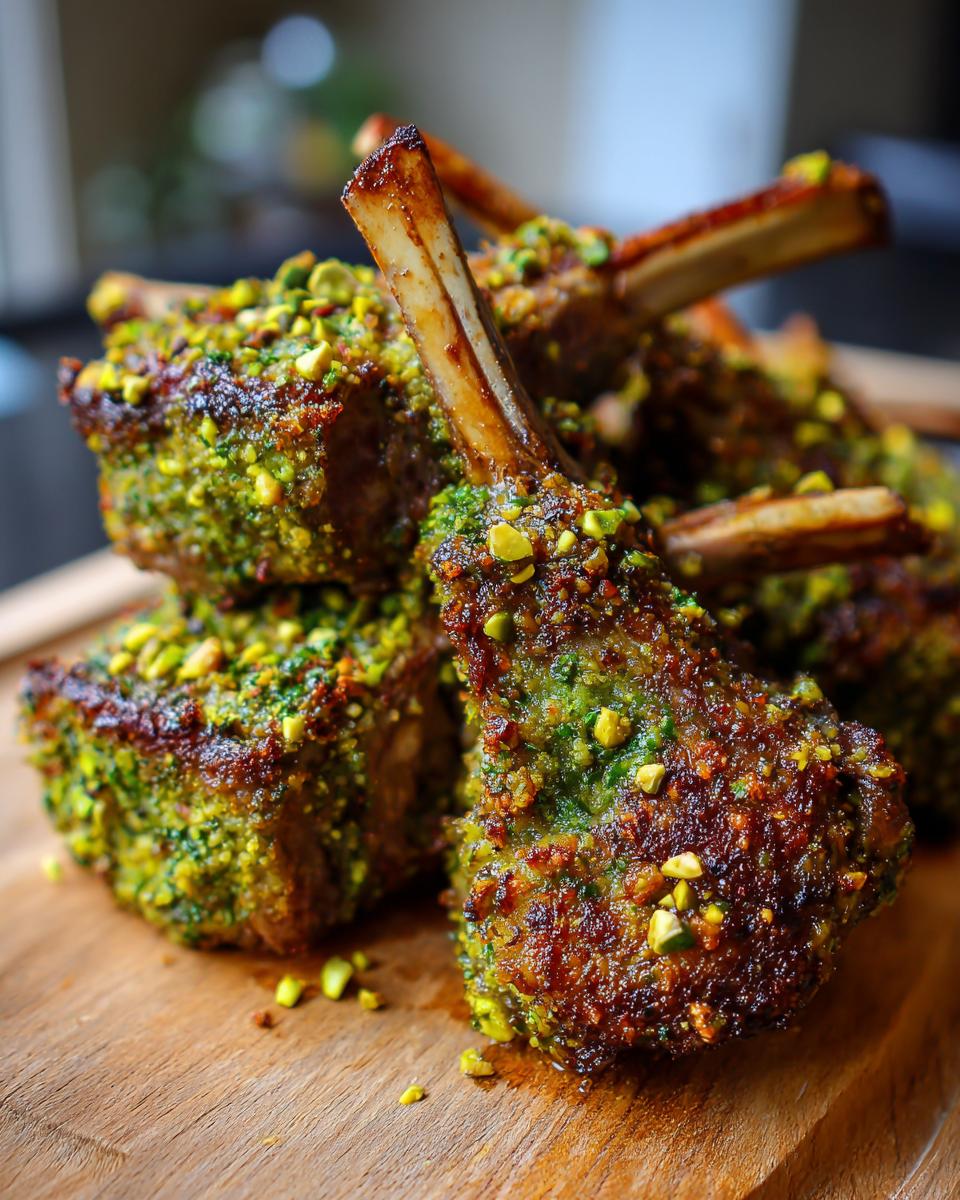 Close-up of perfectly cooked Pistachio Crusted Lamb Chops on a wooden board, showing the pistachio crust.