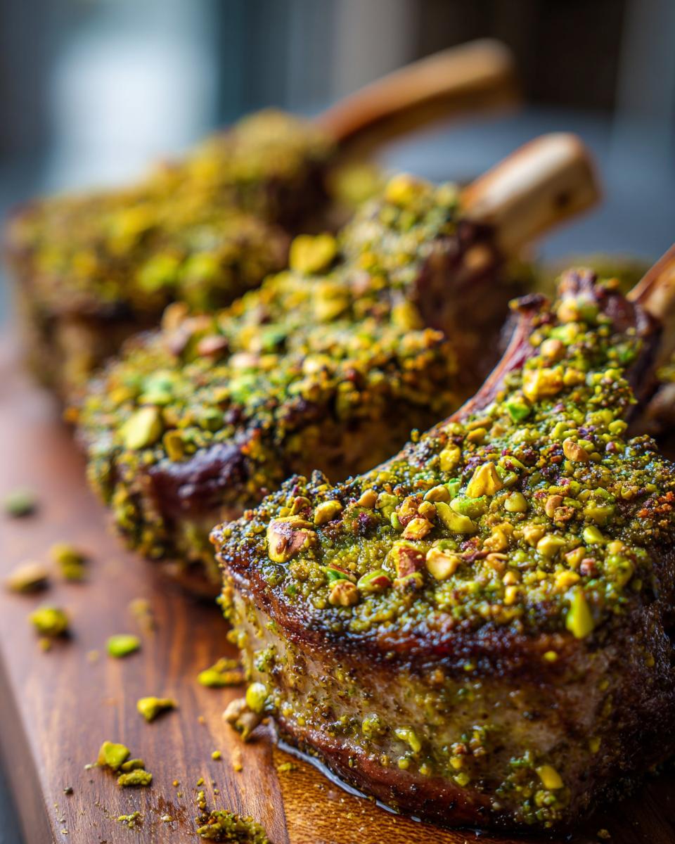 Close-up of Pistachio Crusted Lamb Chops on a wooden board, showing the pistachio crust.