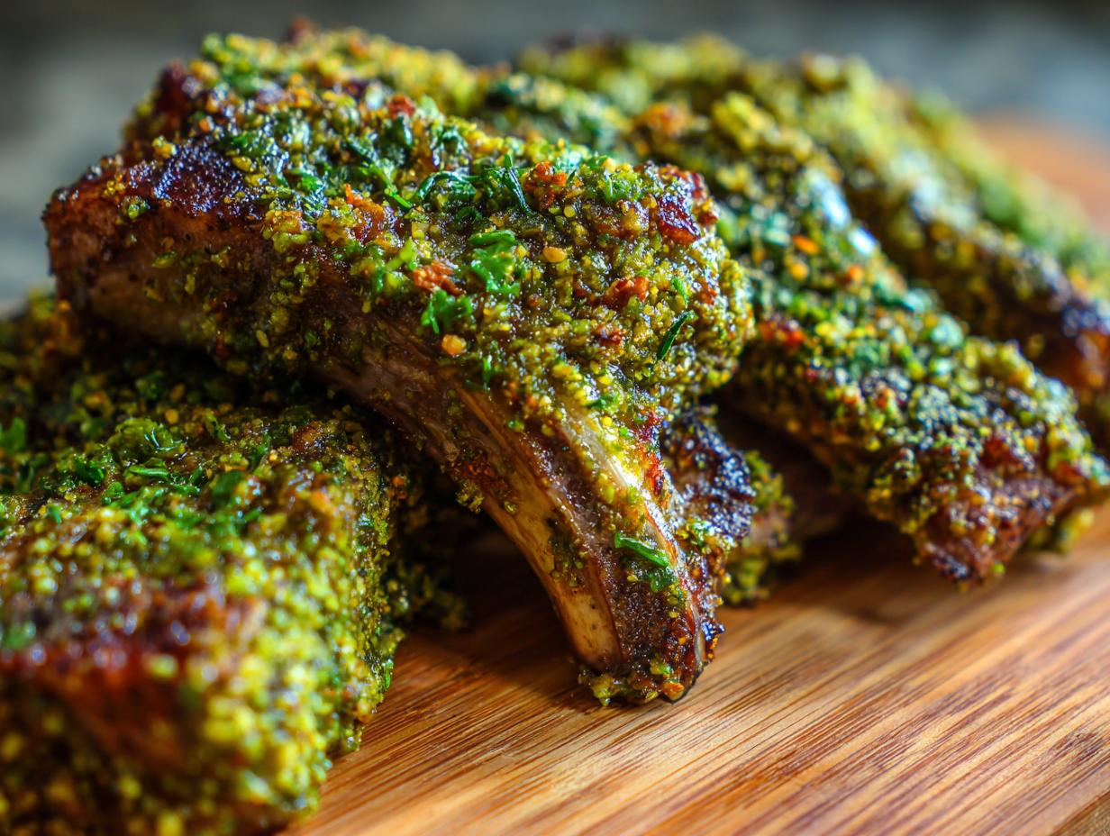 Close-up of perfectly cooked Pistachio Crusted Lamb Chops, showing the delicious crust and tender meat.