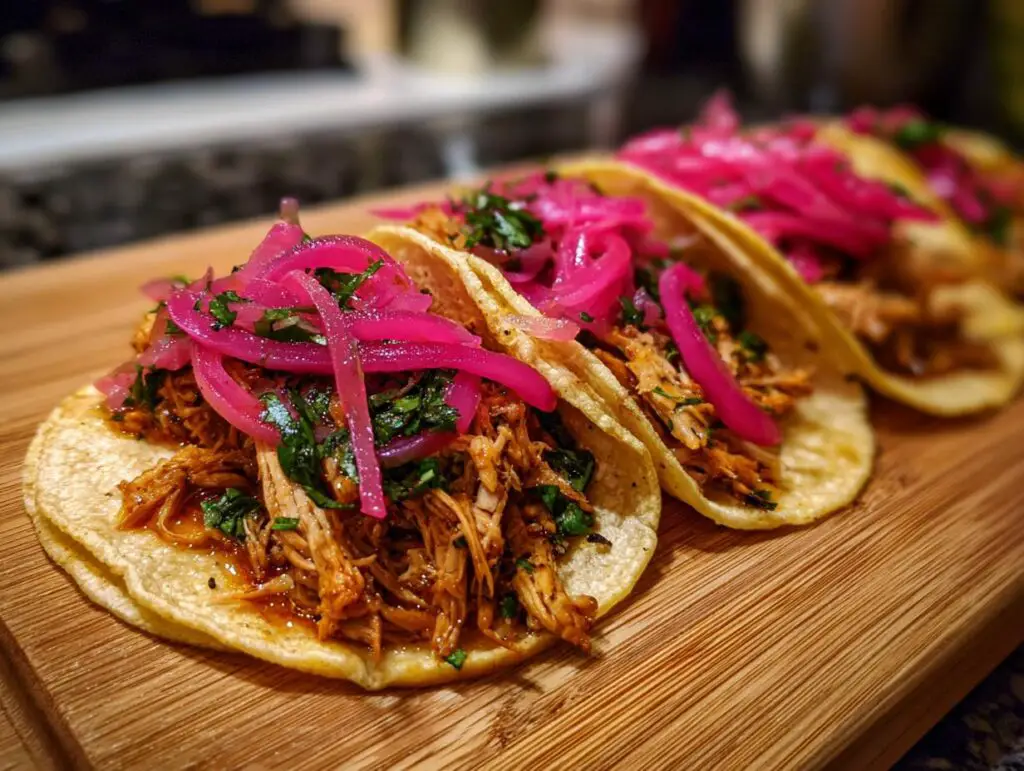 Close-up of three Pulled Chicken Tacos with Pickled Red Onion on a wooden board.