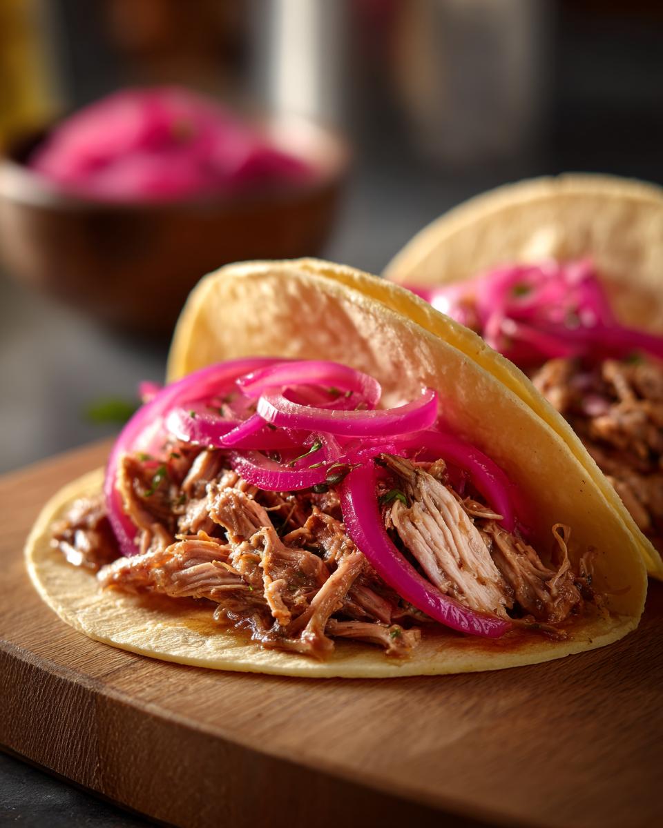 Close-up of Pulled Chicken Tacos with Pickled Red Onion on a wooden board.