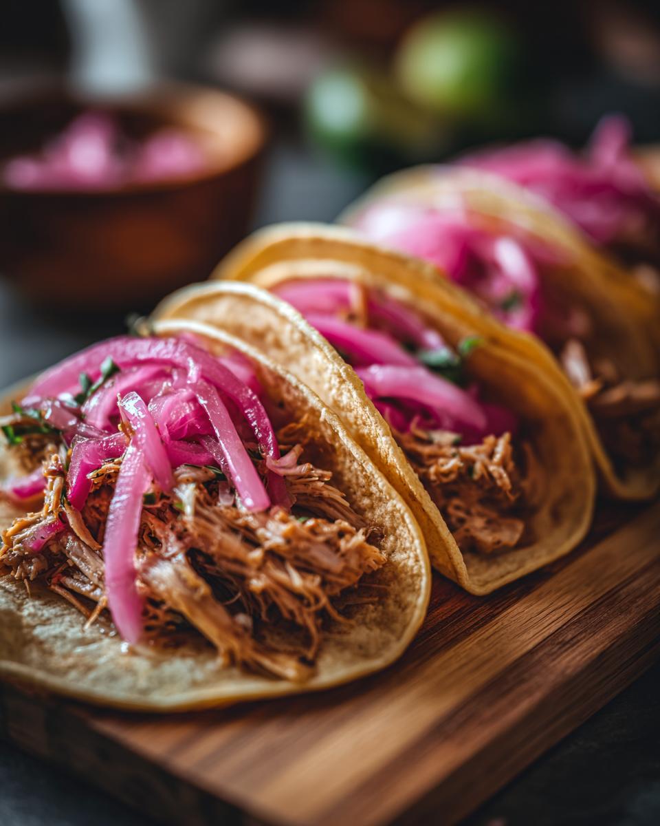 Close-up of three Pulled Chicken Tacos with Pickled Red Onion on a wooden board.