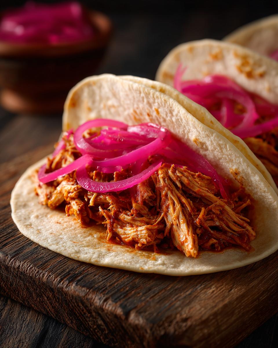 Close-up of Pulled Chicken Tacos with Pickled Red Onion on a wooden board.