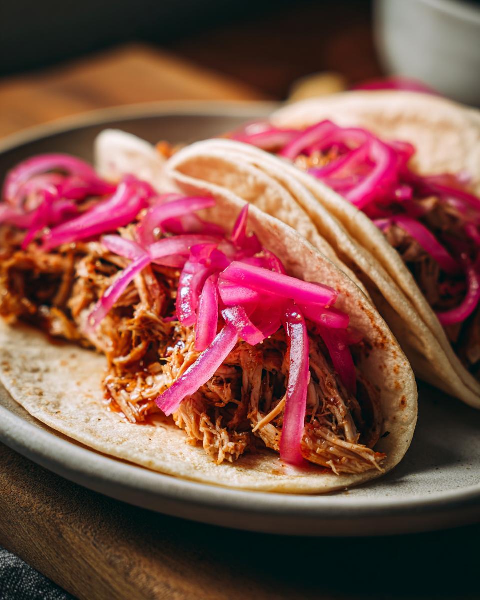 Close-up of two Pulled Chicken Tacos with Pickled Red Onion on a plate, ready to eat.