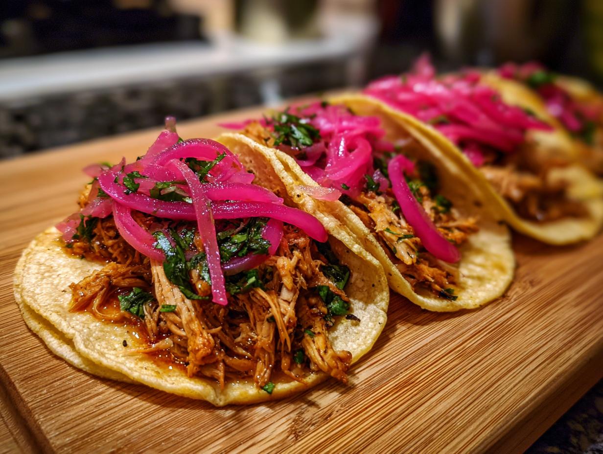 Close-up of three Pulled Chicken Tacos with Pickled Red Onion on a wooden board.