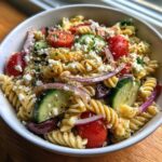 Amazing quick mediterranean pasta salad in 30 mins 11 Close-up of a quick mediterranean pasta salad with tomatoes, cucumber, feta, and olives.