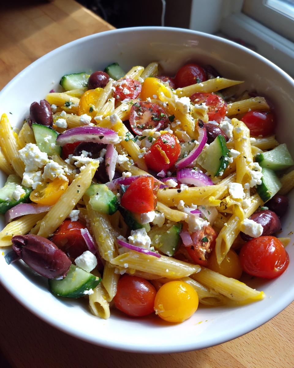 Amazing quick mediterranean pasta salad in 30 mins 7 Overhead shot of a quick mediterranean pasta salad with tomatoes, olives, feta, and cucumber.