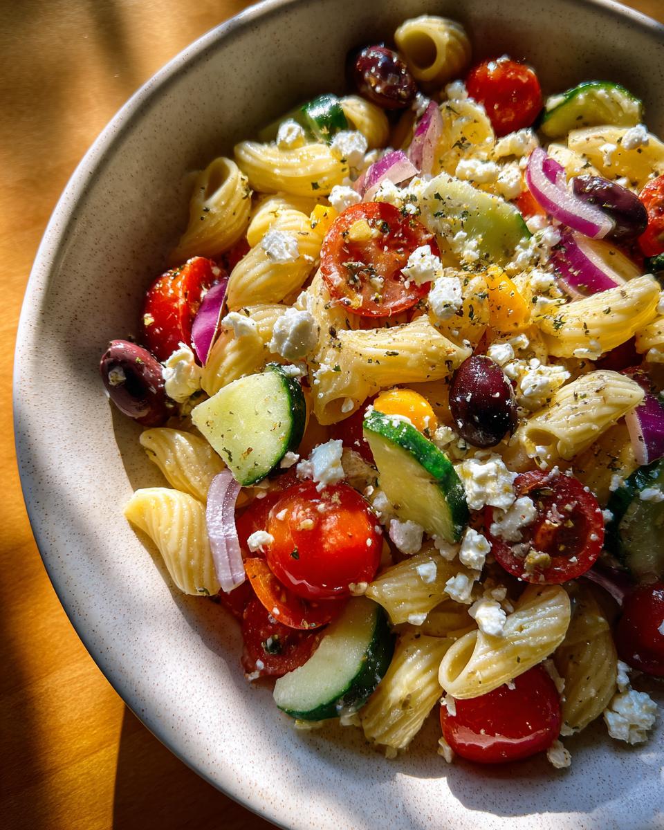 Amazing quick mediterranean pasta salad in 30 mins 8 Close-up of a bowl of quick mediterranean pasta salad with tomatoes, olives, cucumber, and feta.