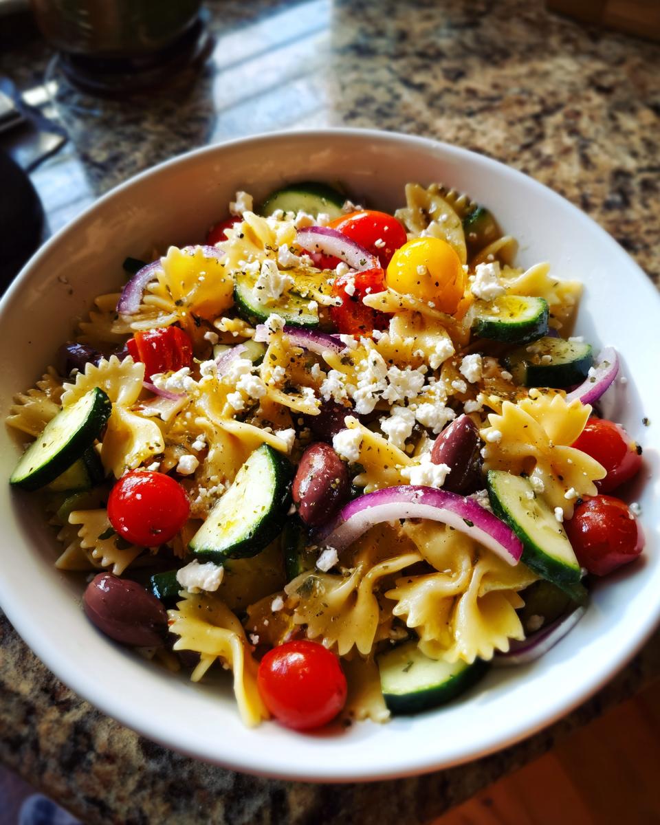 Amazing quick mediterranean pasta salad in 30 mins 9 A bowl of quick mediterranean pasta salad with tomatoes, olives, feta, and cucumber.