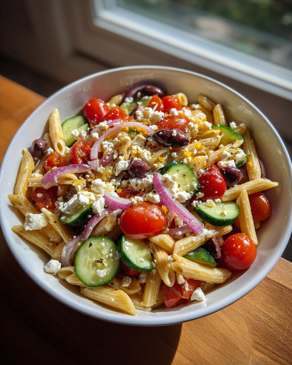 Amazing quick mediterranean pasta salad in 30 mins 10 Overhead shot of a quick mediterranean pasta salad with pasta, tomatoes, cucumbers, olives, and feta.