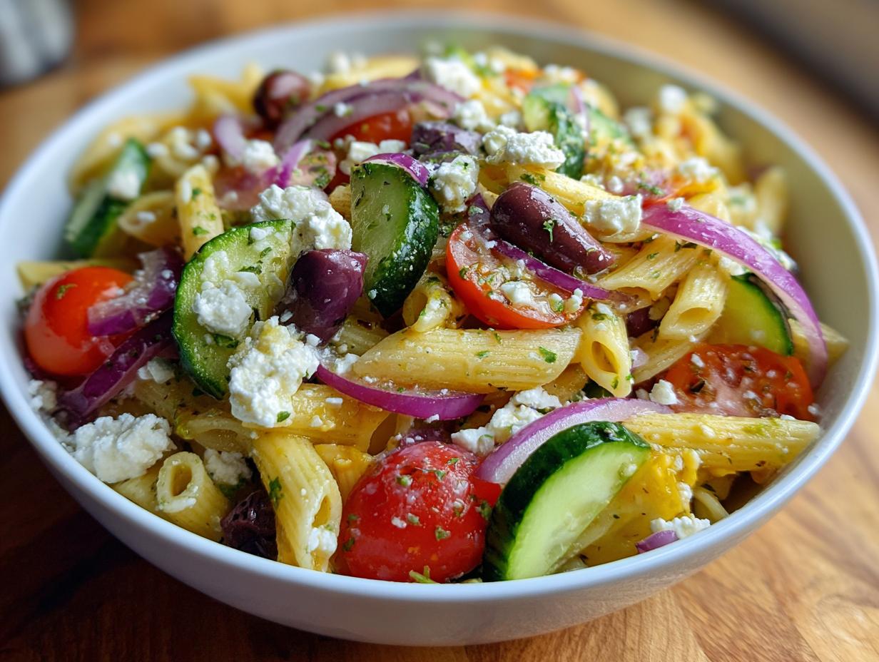 Amazing quick mediterranean pasta salad in 30 mins 6 Close-up of a bowl of quick mediterranean pasta salad with tomatoes, olives, cucumber, and feta.