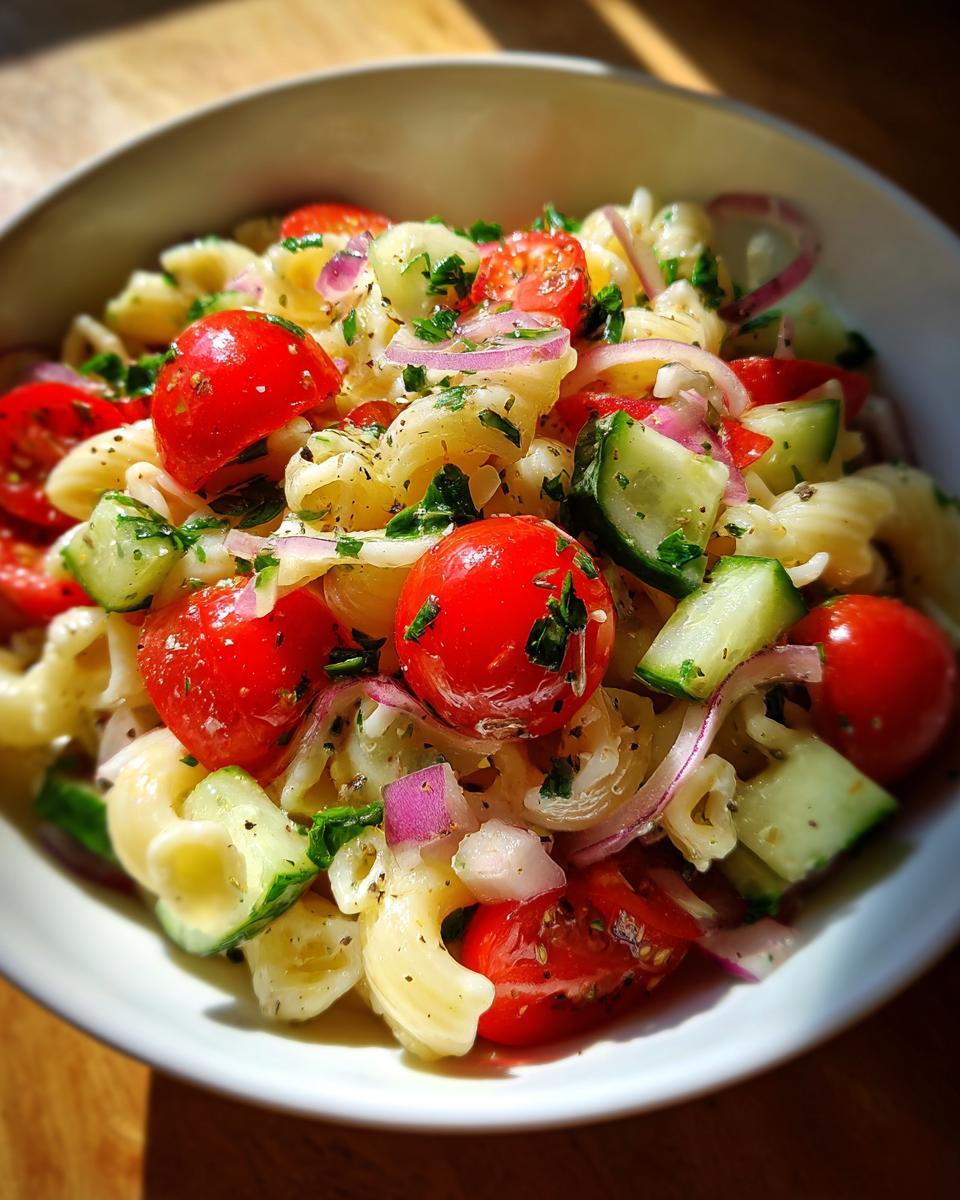 Close-up of a bowl of quick simple pasta salad with tomatoes, cucumbers, and red onion.