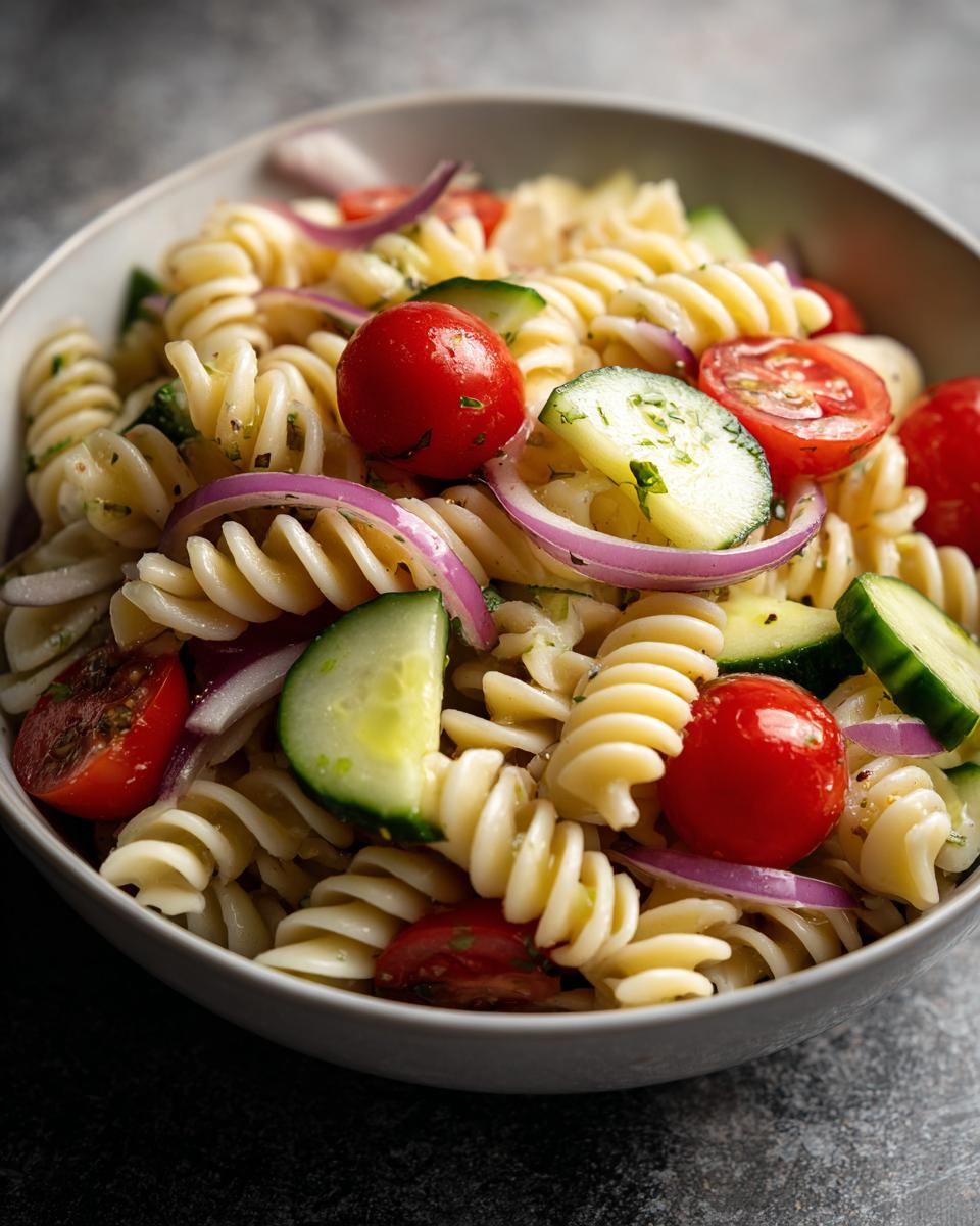 Close-up of a quick simple pasta salad with tomatoes, cucumbers, and red onion in a bowl.
